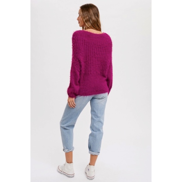 SOLD OUT Orchid Fuzzy Dolman Off Shoulder Pullover Knit Winter Casual Sweater - Picture 5 of 5